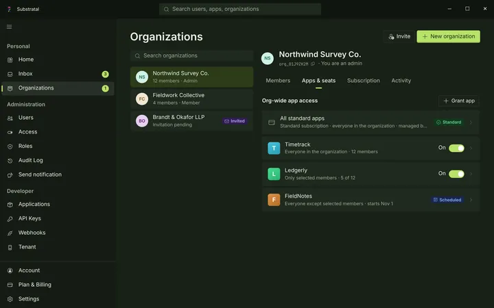 Windows Organization — Apps & seats — dark theme