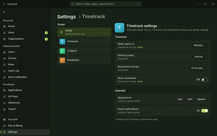 Windows Settings — Per app — dark theme