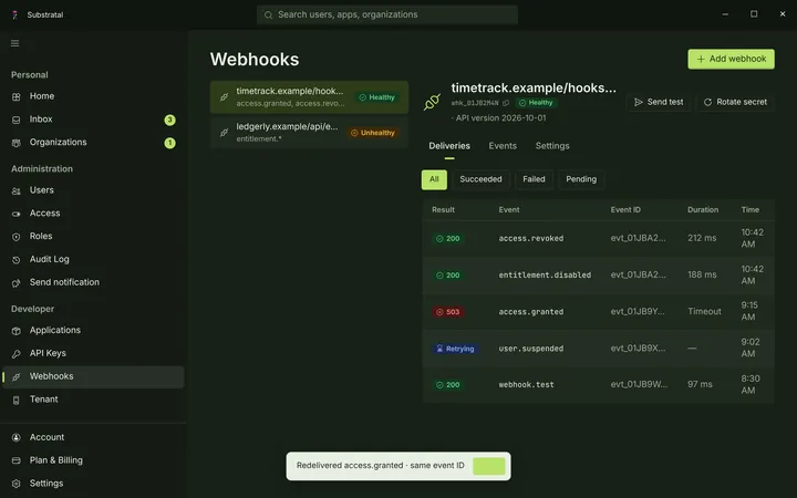 Windows Webhook — Deliveries — dark theme